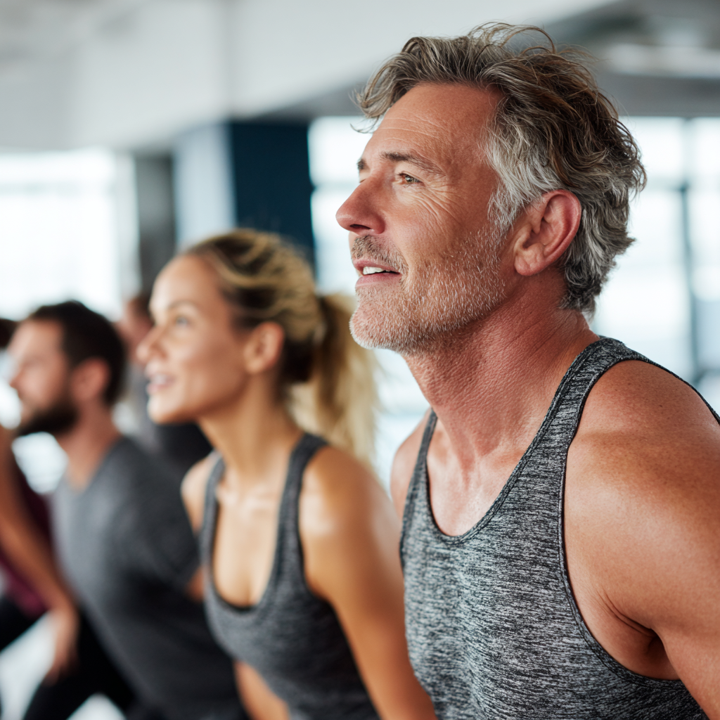 Group of middle-aged adults exercising together in a modern fitness studio