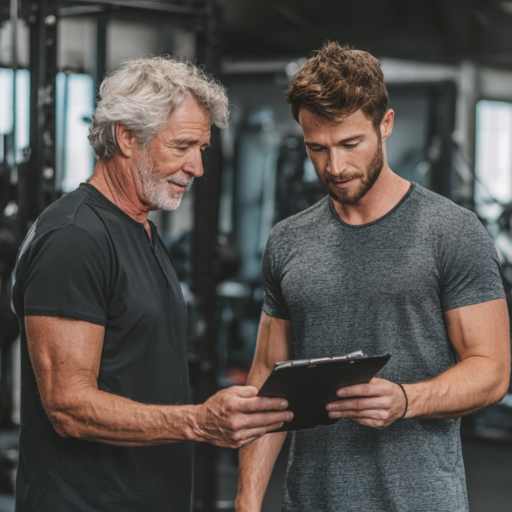 Professional fitness trainer consulting with a mature adult client about workout plan
